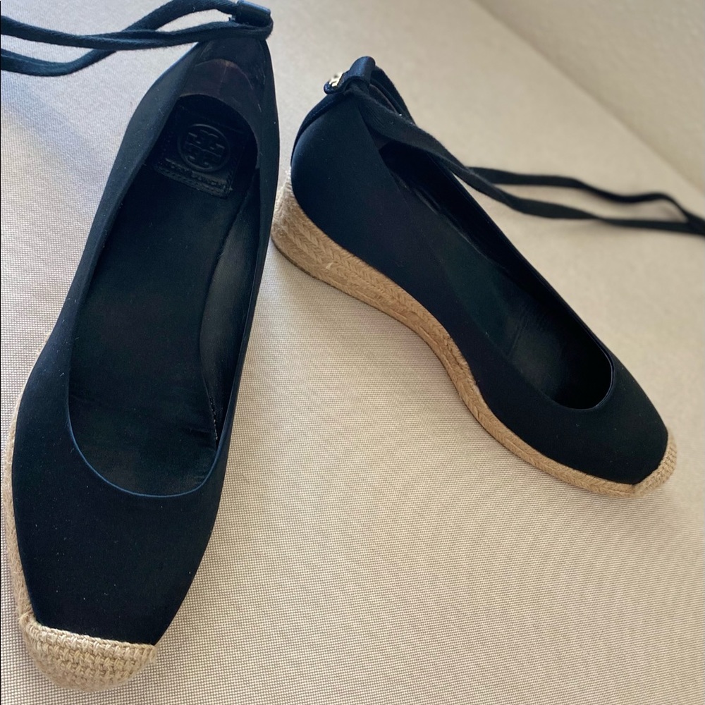 Tory Burch Shoes Black Satin Wedge Espadrilles